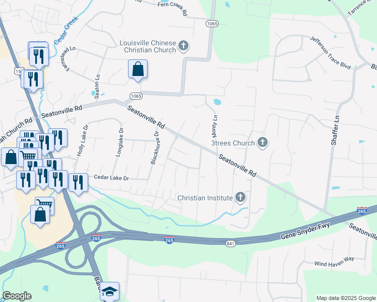 map of restaurants, bars, coffee shops, grocery stores, and more near 10011 Brighton Springs Court in Louisville