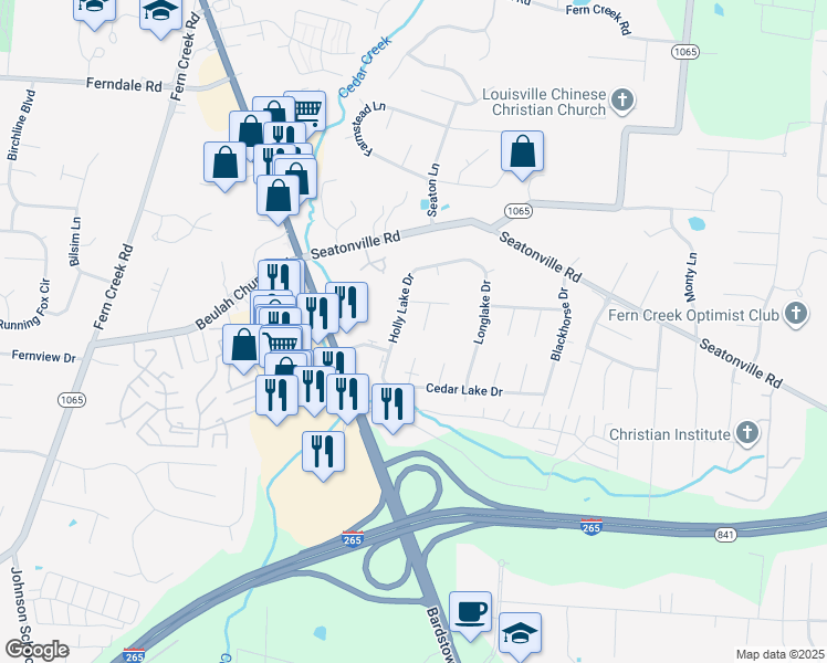 map of restaurants, bars, coffee shops, grocery stores, and more near 6804 Reelfoot Lake Court in Louisville