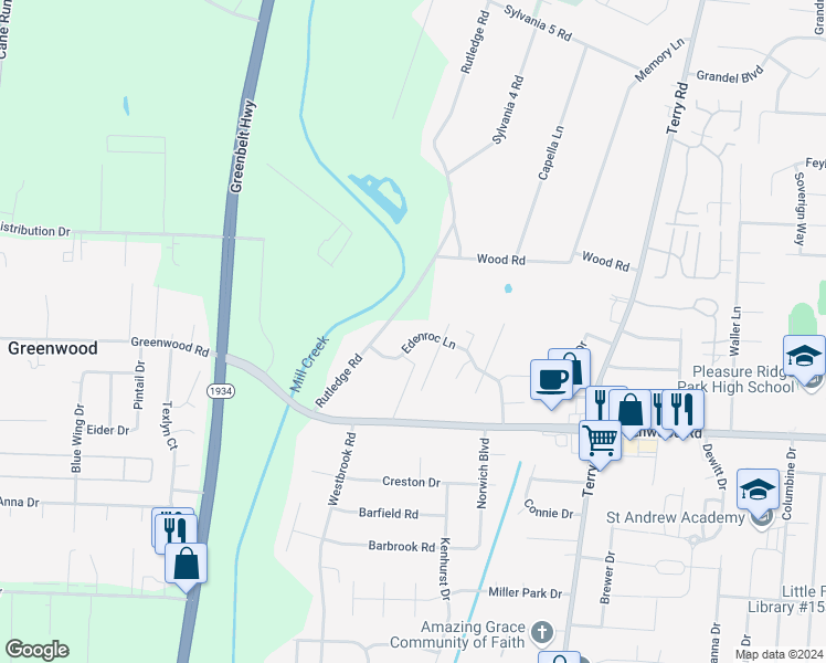 map of restaurants, bars, coffee shops, grocery stores, and more near 7410 Edenroc Lane in Louisville