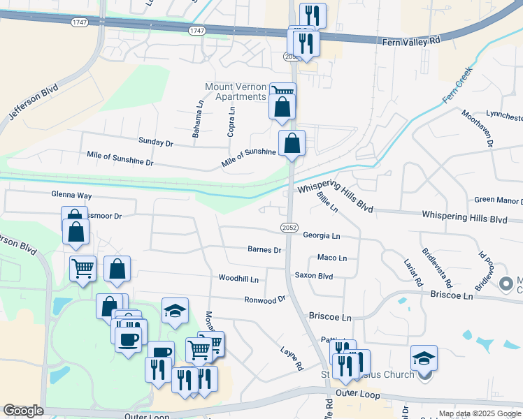 map of restaurants, bars, coffee shops, grocery stores, and more near 7016 Shepherdsville Road in Louisville