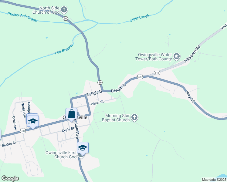 map of restaurants, bars, coffee shops, grocery stores, and more near U.S. 60 in Owingsville