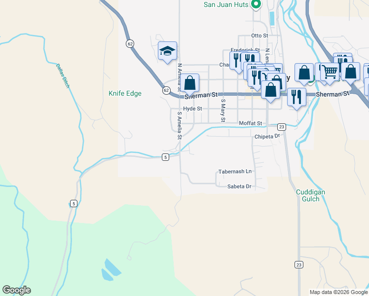 map of restaurants, bars, coffee shops, grocery stores, and more near 418 Amy Way in Ridgway