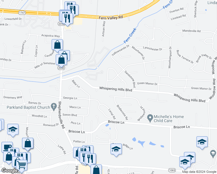map of restaurants, bars, coffee shops, grocery stores, and more near 5801 Whispering Hills Boulevard in Louisville
