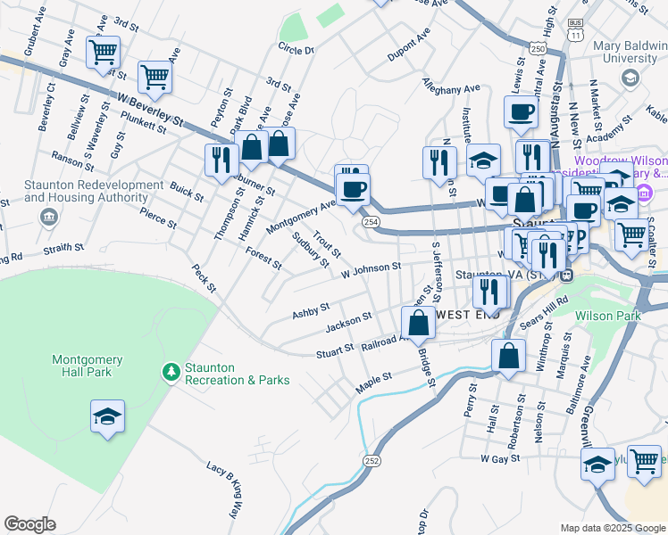 map of restaurants, bars, coffee shops, grocery stores, and more near 803 Sudbury Street in Staunton
