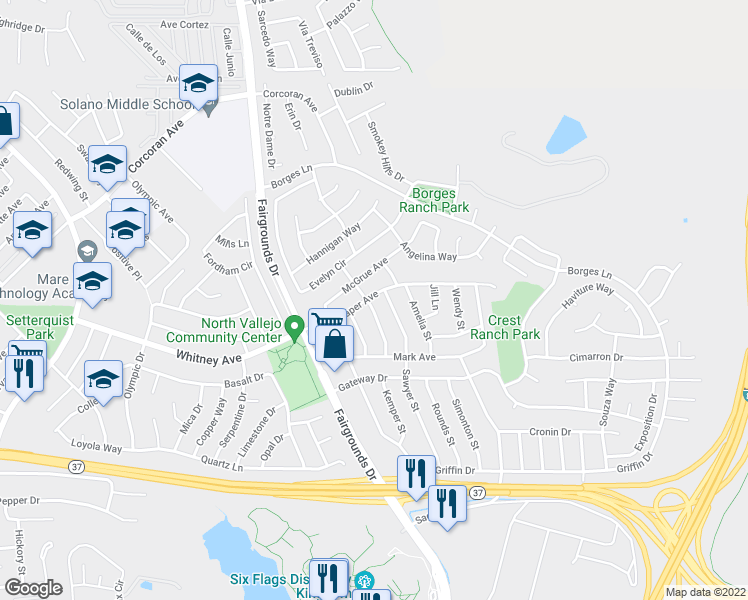 map of restaurants, bars, coffee shops, grocery stores, and more near 178 Janice Street in Vallejo