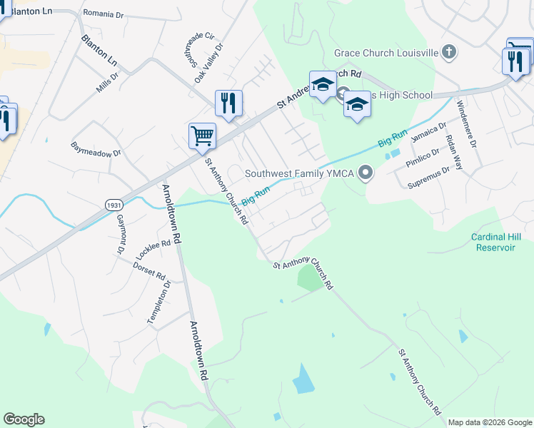 map of restaurants, bars, coffee shops, grocery stores, and more near 3204 Fordhaven Road in Louisville