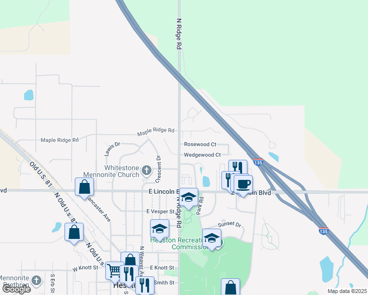 map of restaurants, bars, coffee shops, grocery stores, and more near 301 Rosewood Court in Hesston