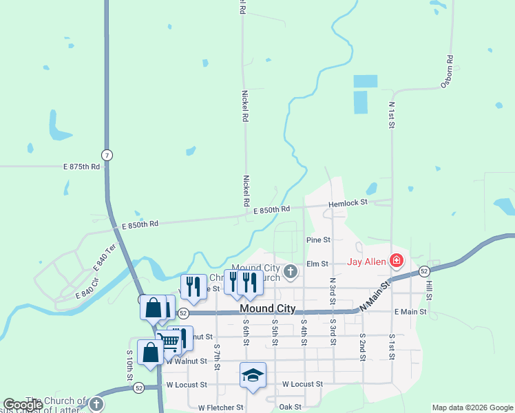 map of restaurants, bars, coffee shops, grocery stores, and more near 15518 East 850th Road in Mound City