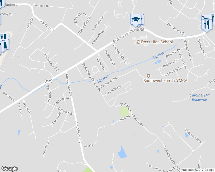 map of restaurants, bars, coffee shops, grocery stores, and more near 3204 Fordhaven Road in Louisville