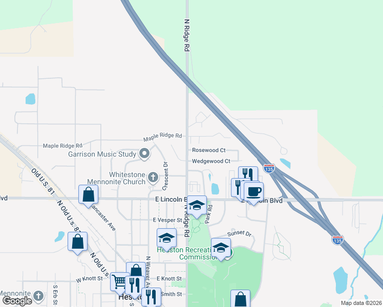 map of restaurants, bars, coffee shops, grocery stores, and more near 301-305 Rosewood Court in Hesston