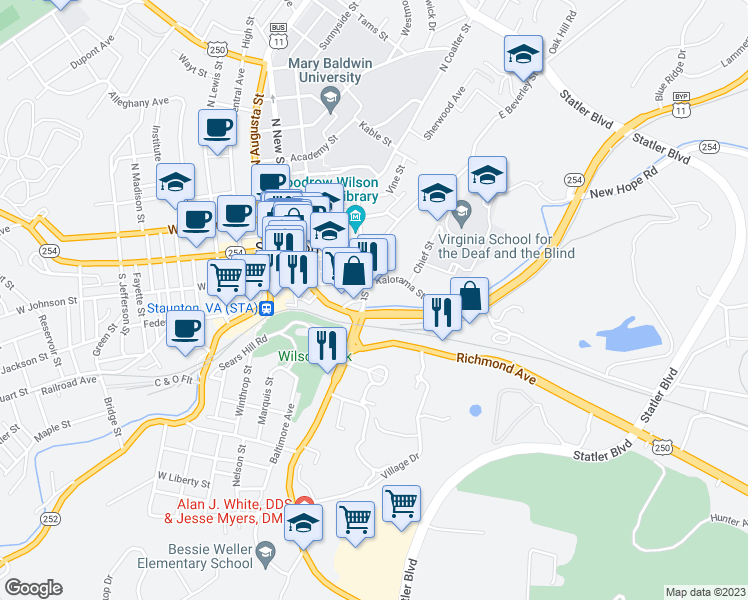 map of restaurants, bars, coffee shops, grocery stores, and more near 107 South Coalter Street in Staunton