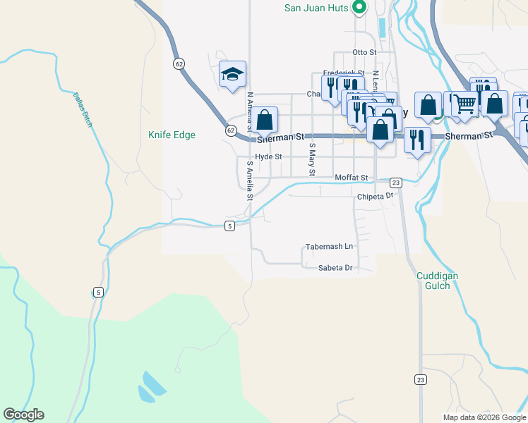 map of restaurants, bars, coffee shops, grocery stores, and more near 418 Amy Way in Ridgway