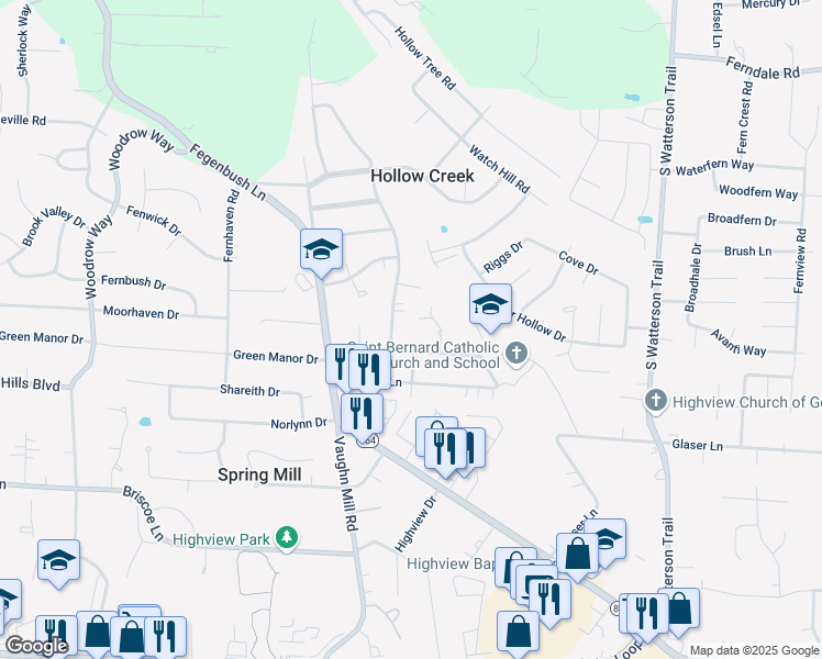 map of restaurants, bars, coffee shops, grocery stores, and more near 7213 Tangelo Drive in Louisville