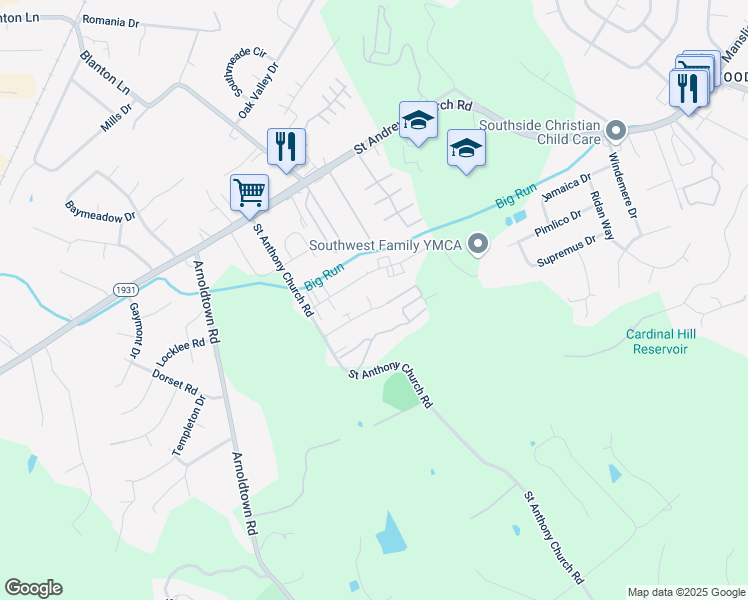 map of restaurants, bars, coffee shops, grocery stores, and more near 3105 Springfield Drive in Louisville