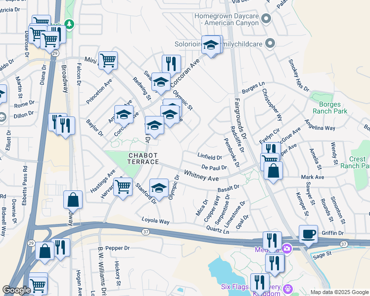 map of restaurants, bars, coffee shops, grocery stores, and more near 101 Chapman Court in Vallejo
