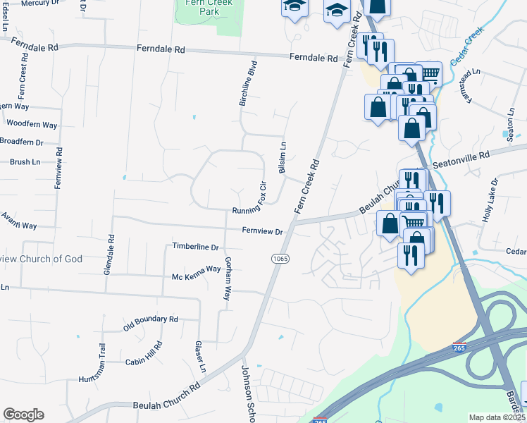 map of restaurants, bars, coffee shops, grocery stores, and more near 8751 Running Fox Circle in Louisville