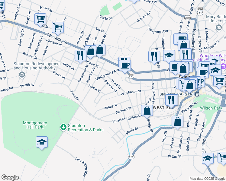 map of restaurants, bars, coffee shops, grocery stores, and more near 808 Sudbury Street in Staunton