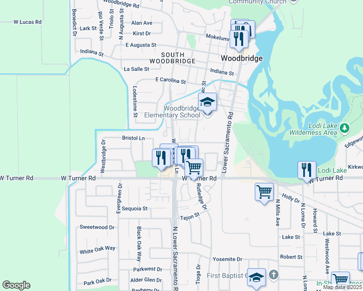 map of restaurants, bars, coffee shops, grocery stores, and more near 2400 Eilers Lane in Lodi
