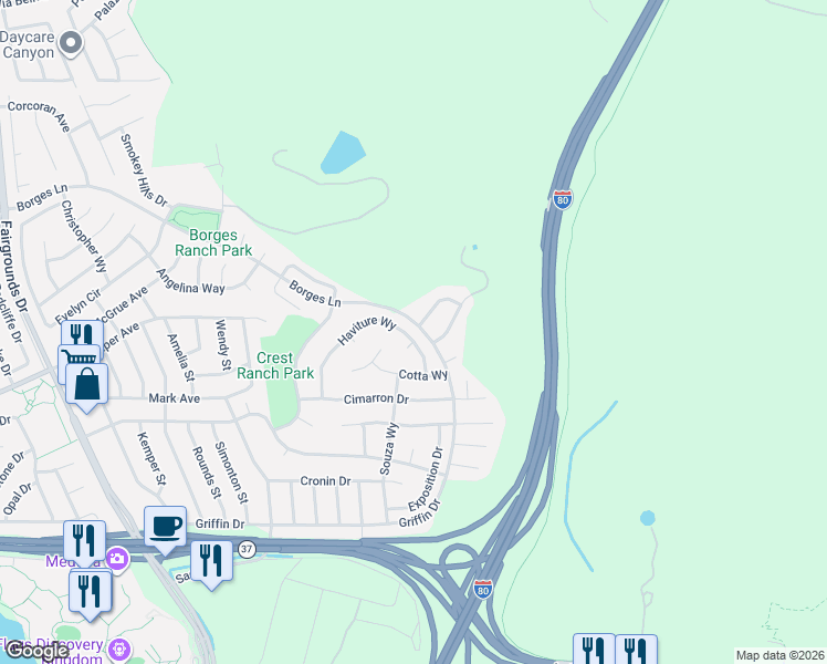 map of restaurants, bars, coffee shops, grocery stores, and more near 104 Adele Drive in Vallejo
