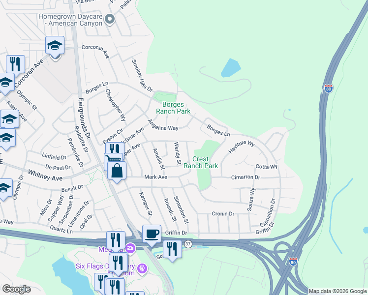 map of restaurants, bars, coffee shops, grocery stores, and more near 845 Stella Street in Vallejo