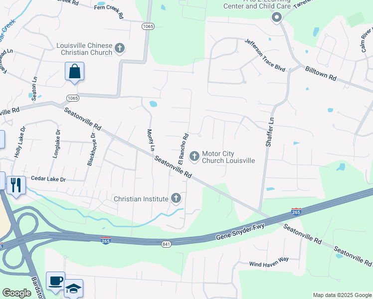 map of restaurants, bars, coffee shops, grocery stores, and more near 6617 El Rancho Road in Louisville