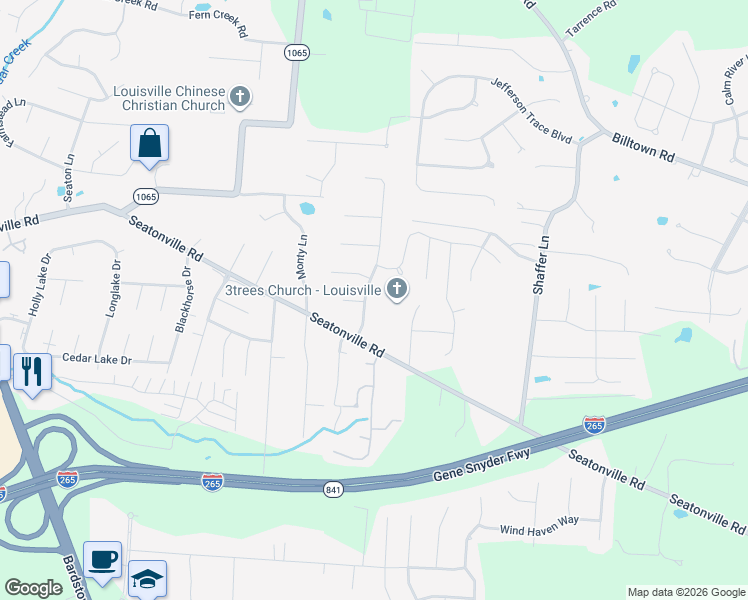map of restaurants, bars, coffee shops, grocery stores, and more near 6617 El Rancho Road in Louisville
