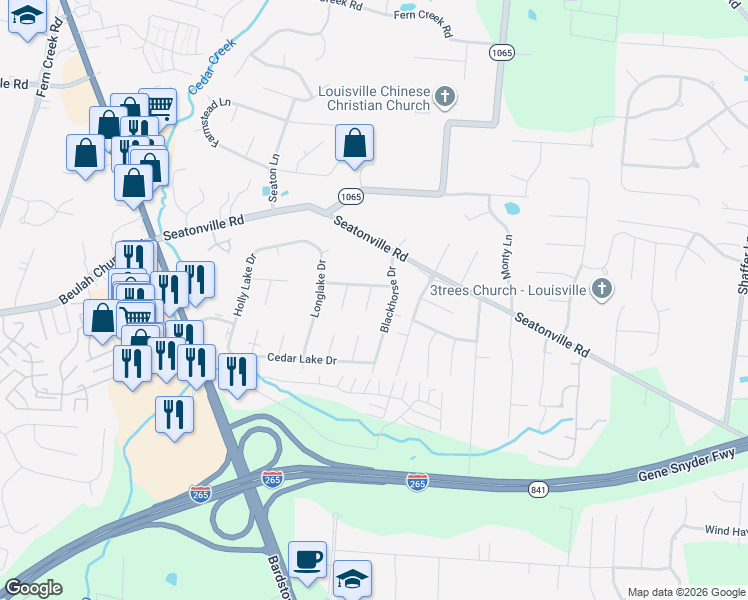 map of restaurants, bars, coffee shops, grocery stores, and more near 6803 Lake Elkhorn Court in Louisville