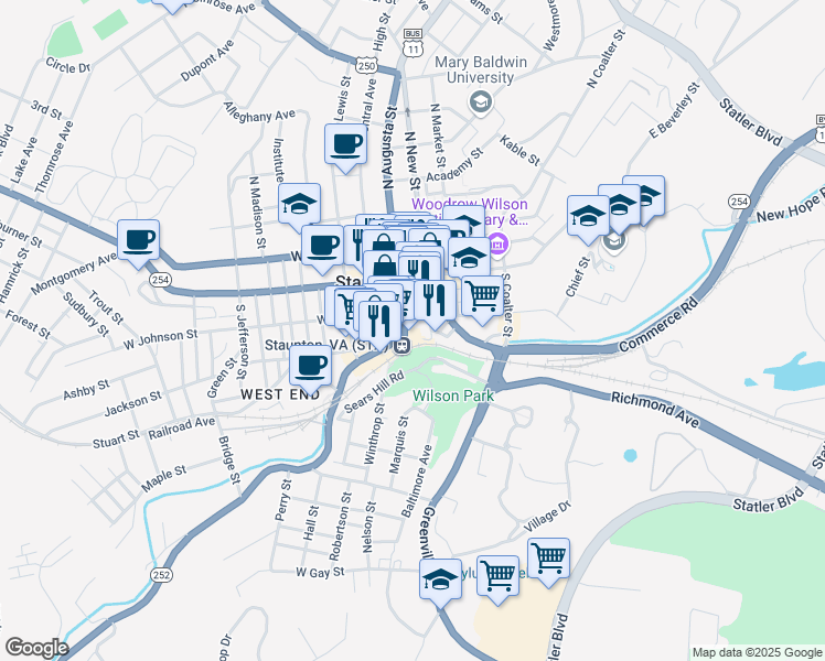 map of restaurants, bars, coffee shops, grocery stores, and more near 16 Byers Street in Staunton