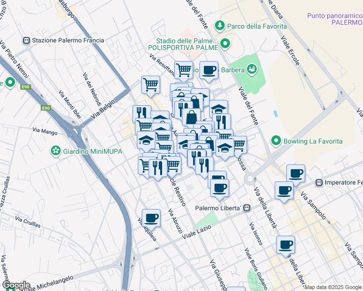 map of restaurants, bars, coffee shops, grocery stores, and more near 35 Via Ausonia in Palermo