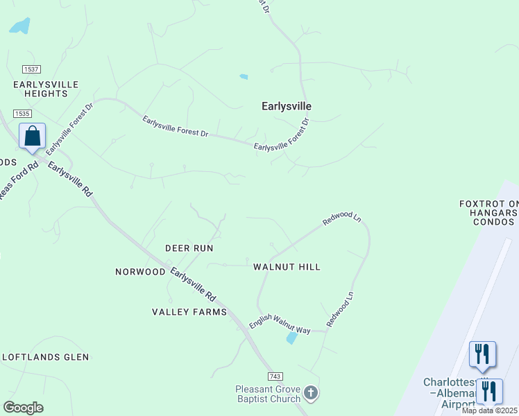 map of restaurants, bars, coffee shops, grocery stores, and more near 1550 Heather Field Lane in Earlysville