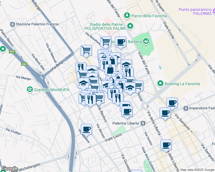 map of restaurants, bars, coffee shops, grocery stores, and more near 35 Via Ausonia in Palermo