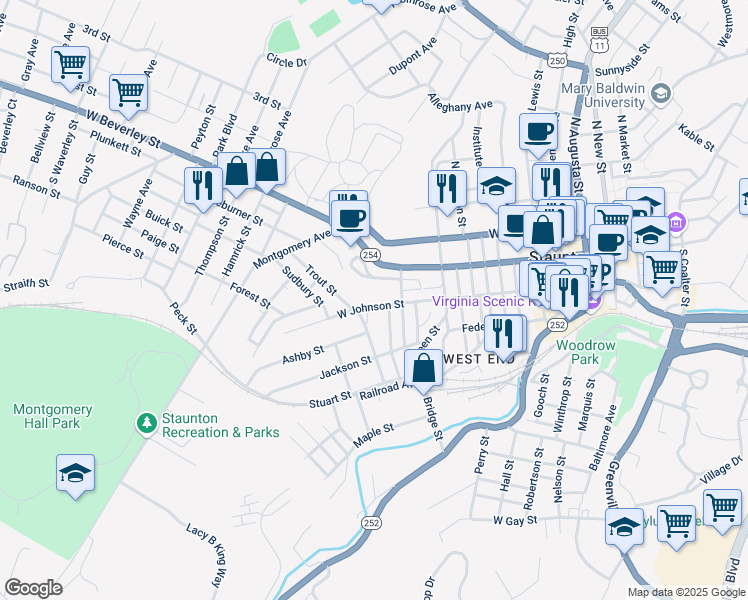 map of restaurants, bars, coffee shops, grocery stores, and more near 1111 West Johnson Street in Staunton