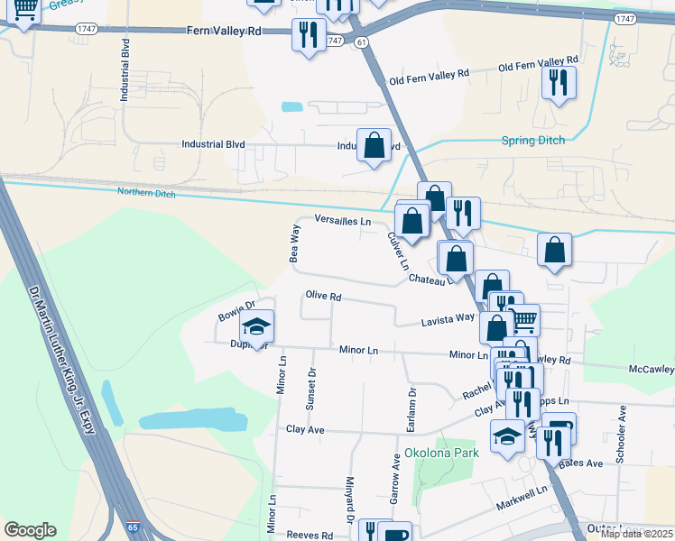 map of restaurants, bars, coffee shops, grocery stores, and more near 3419 Chateau Lane in Louisville