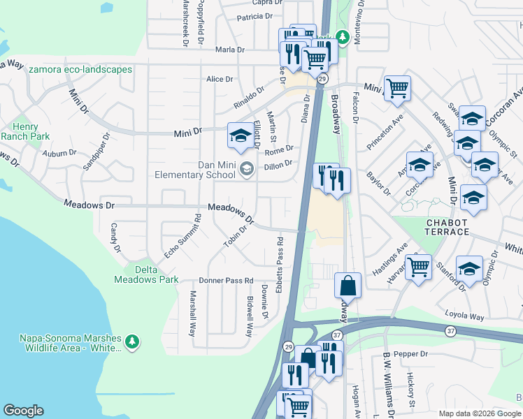 map of restaurants, bars, coffee shops, grocery stores, and more near 973 Elliott Drive in Vallejo