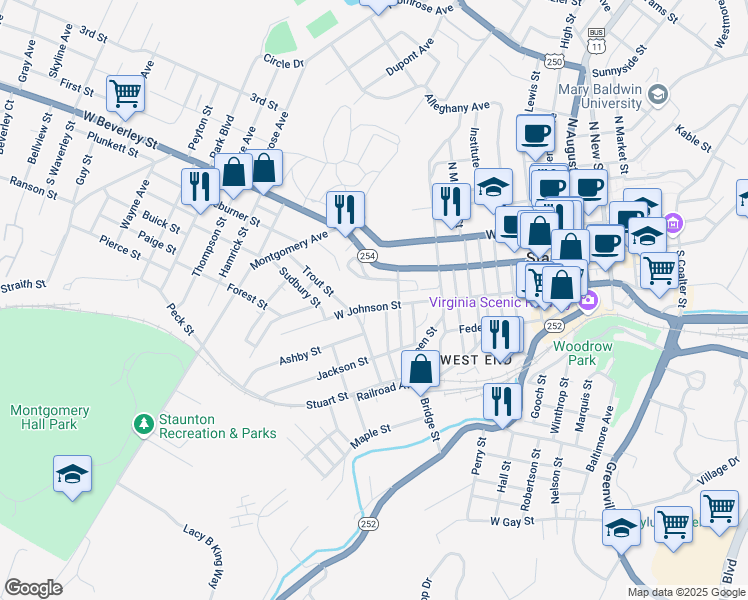 map of restaurants, bars, coffee shops, grocery stores, and more near 1111 West Johnson Street in Staunton