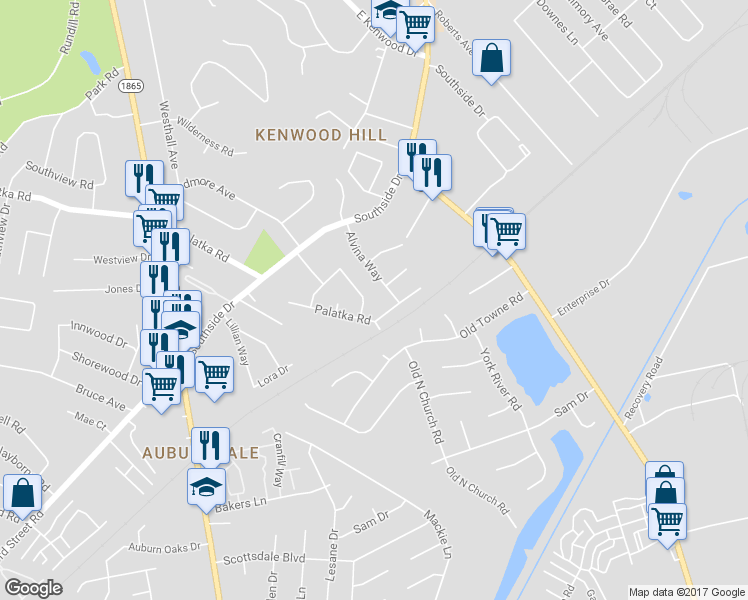 map of restaurants, bars, coffee shops, grocery stores, and more near 105 Lenoak Drive in Louisville