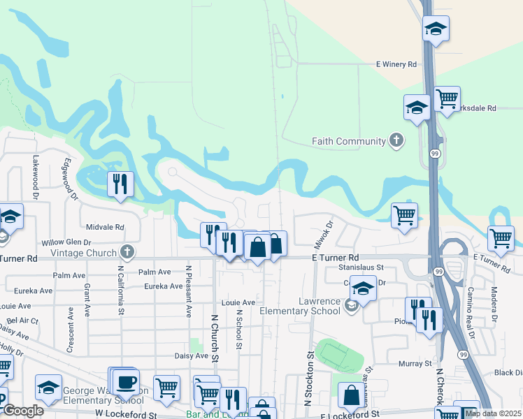 map of restaurants, bars, coffee shops, grocery stores, and more near 122 River Pointe Circle in Lodi