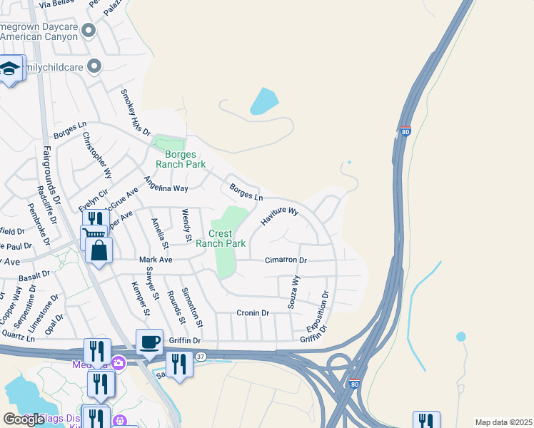 map of restaurants, bars, coffee shops, grocery stores, and more near 204 Haviture Way in Vallejo