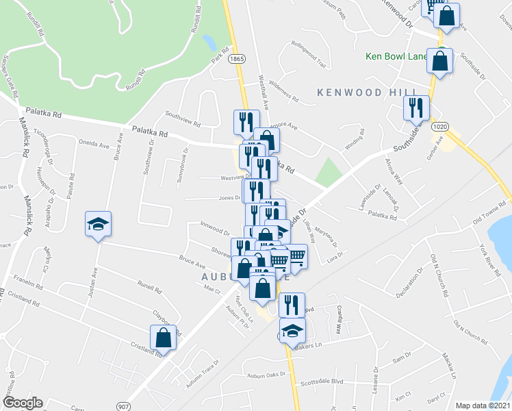 map of restaurants, bars, coffee shops, grocery stores, and more near 5440 New Cut Road in Louisville