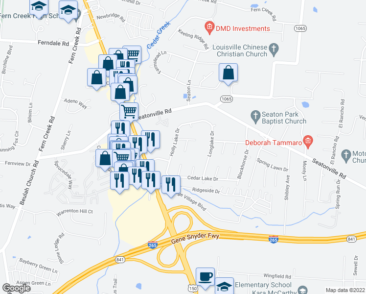 map of restaurants, bars, coffee shops, grocery stores, and more near 6804 Reelfoot Lake Court in Louisville