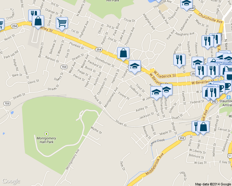 map of restaurants, bars, coffee shops, grocery stores, and more near 403 Montgomery Ave in Staunton