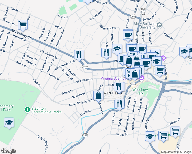 map of restaurants, bars, coffee shops, grocery stores, and more near 901 West Johnson Street in Staunton