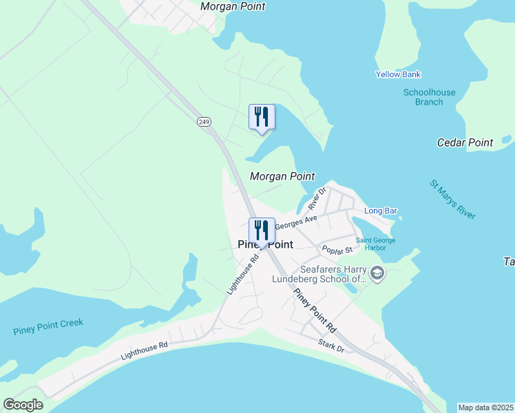 map of restaurants, bars, coffee shops, grocery stores, and more near 17484 Piney Point Road in Piney Point