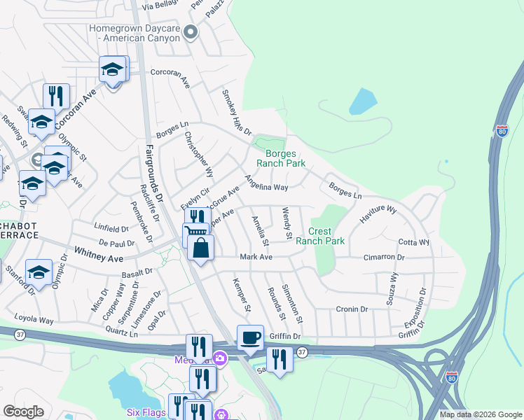 map of restaurants, bars, coffee shops, grocery stores, and more near 531 Taper Avenue in Vallejo