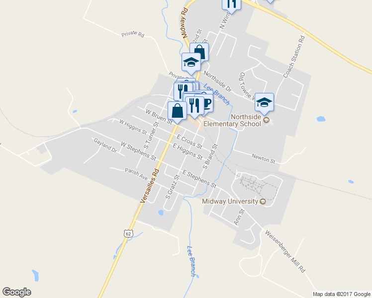 map of restaurants, bars, coffee shops, grocery stores, and more near 131 South Gratz Street in Midway