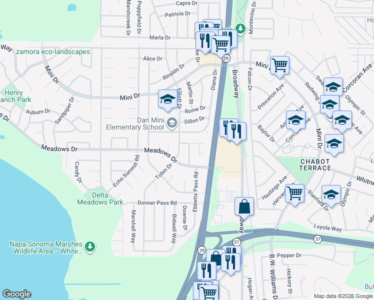 map of restaurants, bars, coffee shops, grocery stores, and more near 973 Elliott Drive in Vallejo