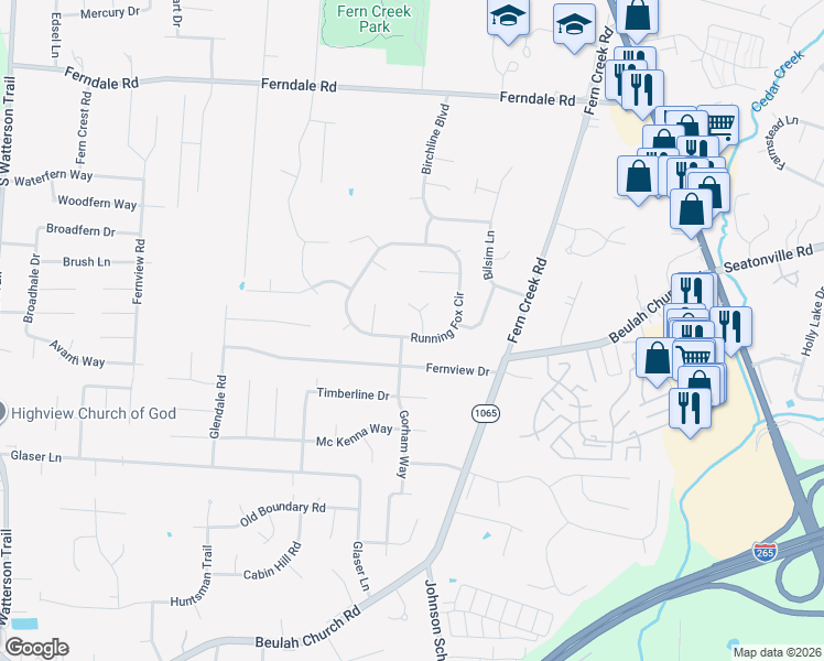 map of restaurants, bars, coffee shops, grocery stores, and more near 8728 Running Fox Circle in Louisville
