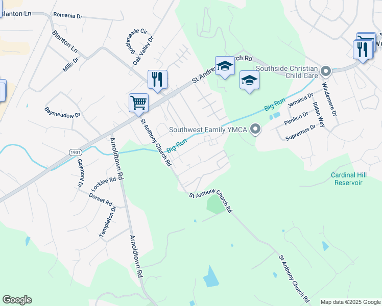 map of restaurants, bars, coffee shops, grocery stores, and more near 3116 Fordhaven Road in Louisville