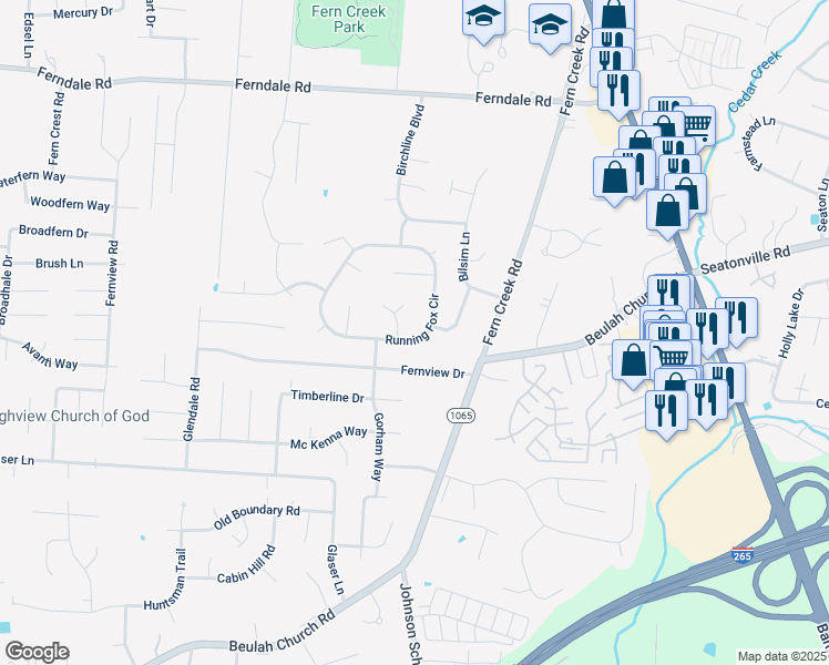 map of restaurants, bars, coffee shops, grocery stores, and more near 8751 Running Fox Circle in Louisville