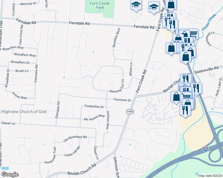 map of restaurants, bars, coffee shops, grocery stores, and more near 8728 Running Fox Circle in Louisville